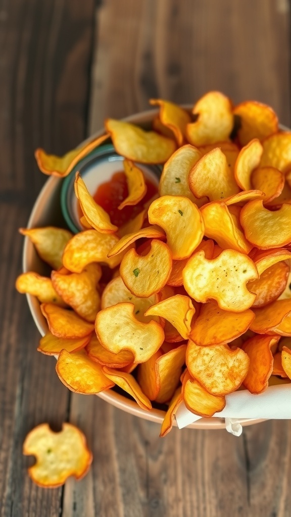 A bowl of crispy homemade potato chips with a dip on a rustic wooden table.